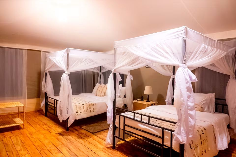 Twin Tented Room: the bed, canvas walls and the view from the veranda